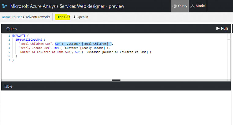 Data Modeling in Azure - DAX Query